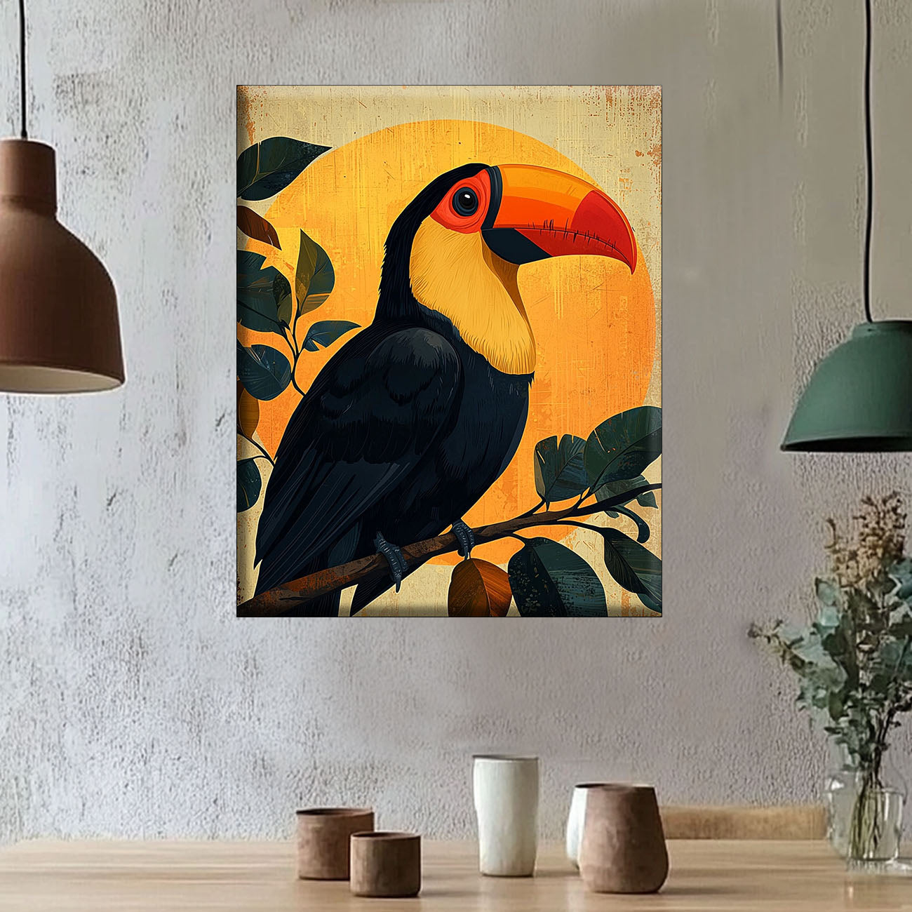 Toucan tropical devant les rayons du soleil - peinture par numéros