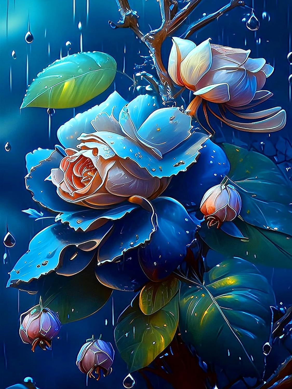 Blaue Rose mit Tautropfen - Diamond Painting