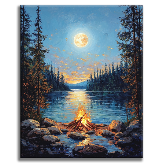 Feu de camp au bord du lac - Peinture par numéros