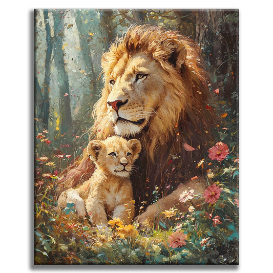 Amour de lion dans la mer de fleurs - peinture par numéros