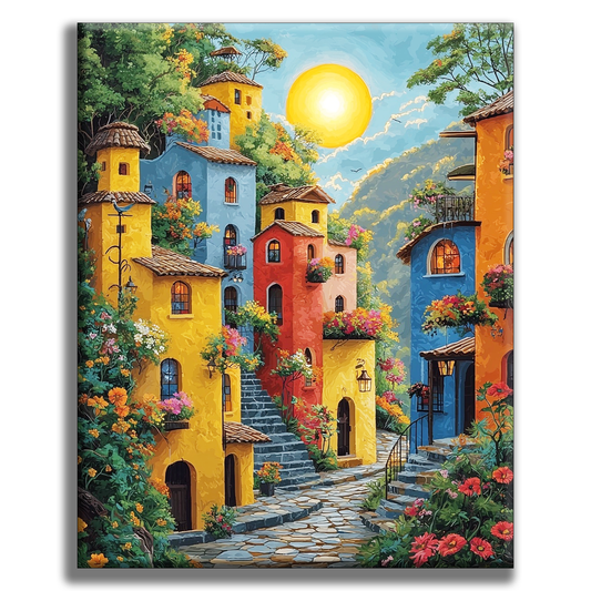 Soleil dans le village - peinture par numéros