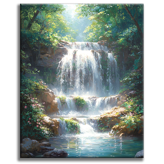 Cascade de forêt au soleil - Peinture par numéros