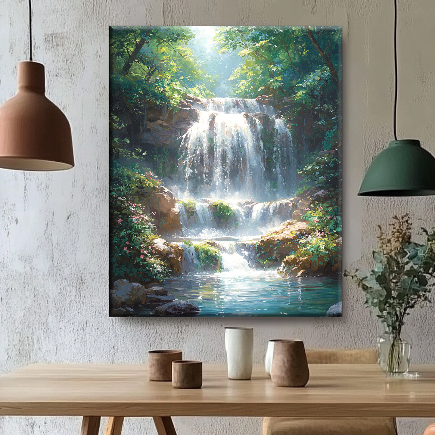 Cascade de forêt au soleil - Peinture par numéros